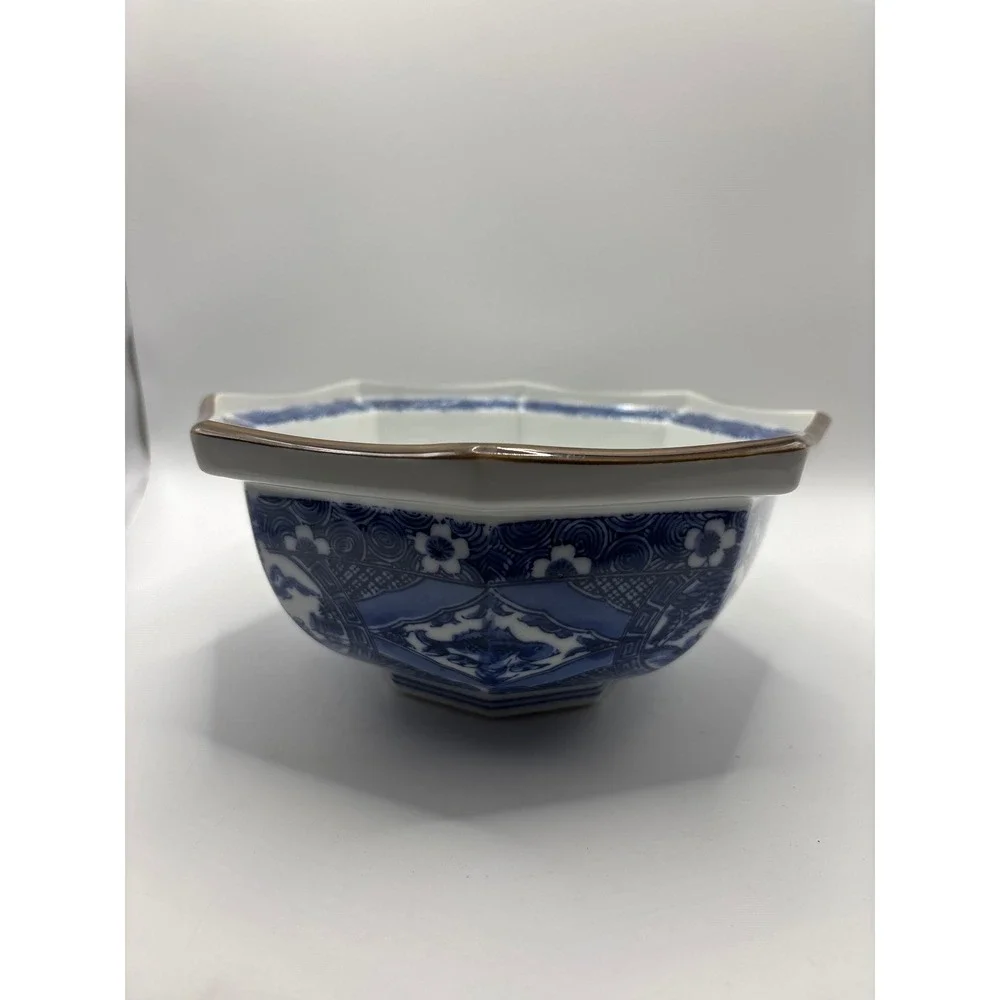 Japanese Blue and White Porcelain Octagonal Bowl Fish Floral Motif Sometsuke
